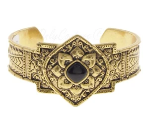 $65 Lucky Brand Cleobella Jet Black Gold-Tone Lotus Etched Cuff Bracelet NWT NEw - Picture 1 of 9