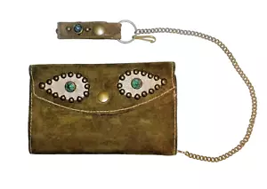 Vtg STUDDED Inlay JEWELS Rockabilly RRL Suede LEATHER Biker CHAIN Trucker WALLET - Picture 1 of 8