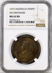 PENTAVO AUSTRALIA DE ALTA CALIDAD 1919 SIN PUNTO NGC MS62 SIN CIRCULAR RB014 - Imagen 1 de 2