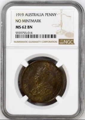 HIGH GRADE 1919 AUSTRALIA PENNY NO DOT NGC MS62 UNCIRCULATED RB014 - Image 1 of 2