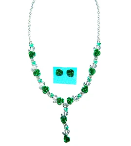 GREEN ROSE EARRINGS & NECKLACE SET #D16* - Picture 1 of 3