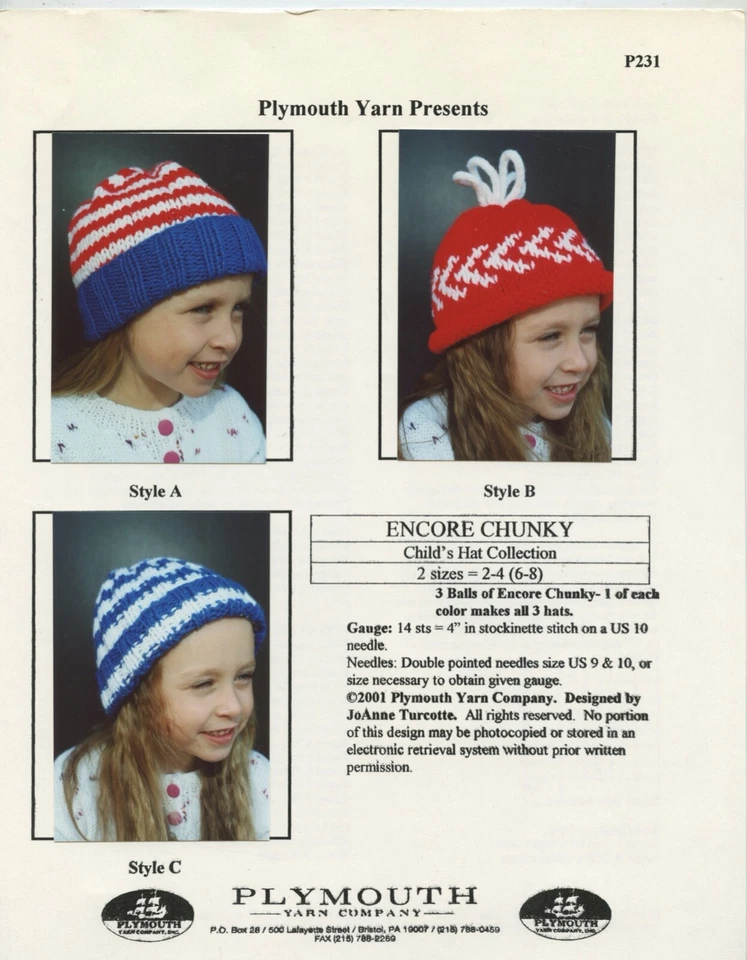 Plymouth Yarn KNITTING PATTERN P231 Encore Chunky Cild's Hat Collection -2 sizes - Image 1 of 1