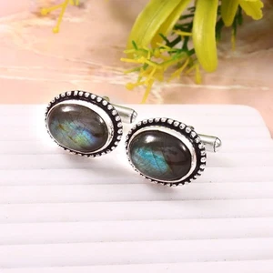 925 Sterling Silber Labradorit Granat Edelstein Schmuck Handarbeit Manschettenknöpfe - Bild 1 von 3