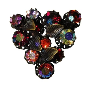 Strass Glas Brosche Vintage Aurora Borealis Messing getönt Blatt Details Akzente - Bild 1 von 14