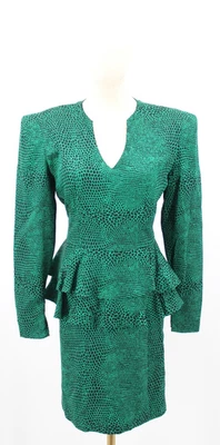 Vestido De Colección Carolina Herrera Para Mujer 8 Verde Negro Peplum Cuello en V Manga Larga Funda Foto 1 de 4