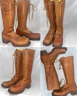 VTG 60 70S WOMENS 9 BLONDE TALL LACE U9 LEATHER FRYE CAMPUS HIGH HEEL BOOTS - Image 1 of 4