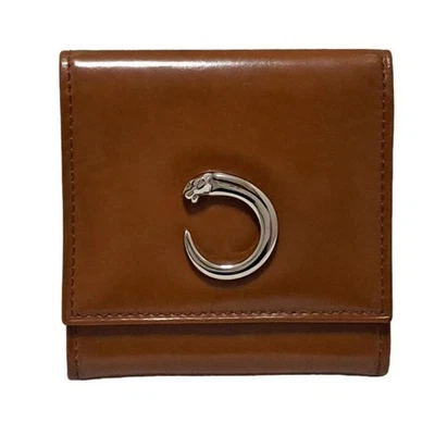 Estuche para monedas Cartier usado monedero Panthere marrón cuero marrón pantera plata Foto 1 de 4