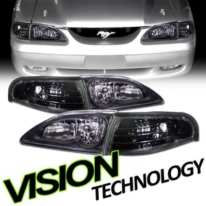 For 94-98 Mustang Blk Clear Headlights Headlamps+Signal Parking Corner Lamps K2 - Picture 1 of 2
