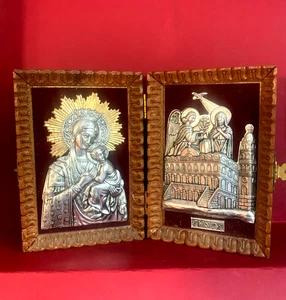 ICONO RELIGIOSO DOBLE EN METAL SOBRE MADERA PLEGABLE OLD VIRGEN - Imagen 1 de 18