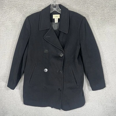 LL Bean Peacoat Womens 8 Petite Black Wool Cashmere Blend Double Breasted - Image 1 of 4