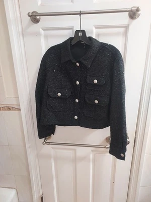 Chaqueta Maje Negra Talla 3 Grande Lentejuelas Brillante Tweed Botón Repujado Foto 1 de 4
