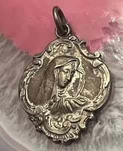 Antique Victorian Sterling Silver Mary Lady Of Sorrows Scapular Pendant Charm - Picture 1 of 8
