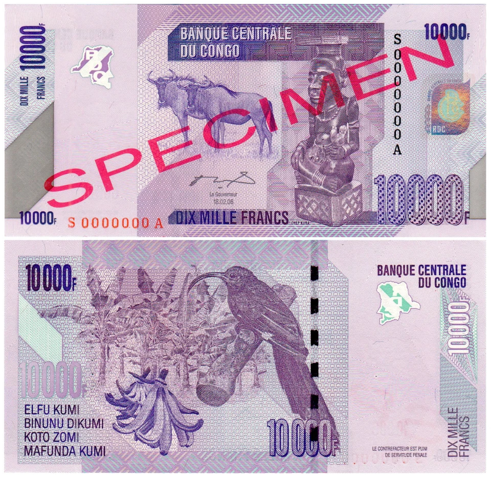 Congo Democratic Republic 10000 Francs P#103s (2006) SPECIMEN UNC - Image 1 of 1
