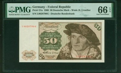 Alemania 50 marcos alemanes 1960 P.21a PMG gema UNC 66 Foto 1 de 2
