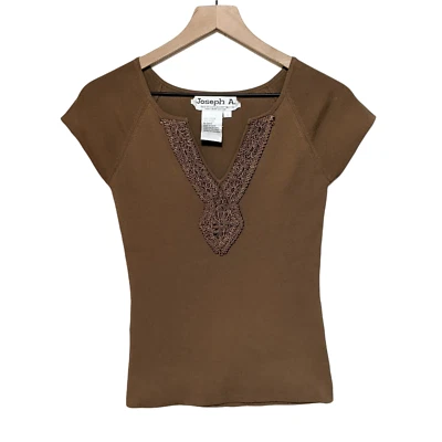 Joseph A. S Brown Short Cap Sleeve Ribbed V Neck Top Knit Embroidery Detail  - Image 1 of 4