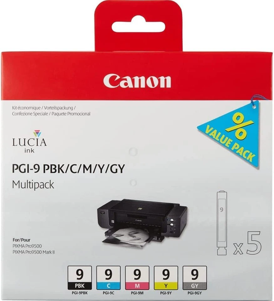 Canon PGI-9 Multi-Pack 5 Black /Cyan/Magenta/Yellow/Grey Inkjet Cartridges  - Image 1 of 1