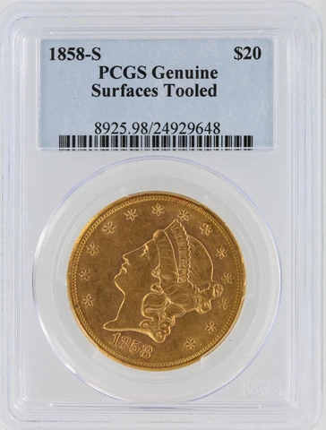 1858-S Double Eagle PCGS Genuine Surfaces Tooled $20 Liberty Head San Francisco Cover