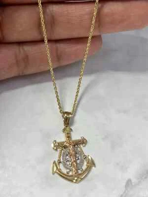 10K Solid Yellow Gold Navy Anchor Jesus Christ Crucifix Cross Pendant Rope Chain - Image 1 of 4