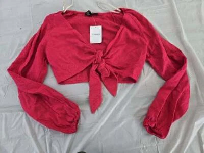 Top corto Forever 21 talla pequeña para mujer rosa oscuro de lino mangas largas abullonadas Foto 1 de 2
