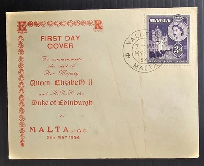 1954 Malta Royal Visit FDC ties 3d stamp cd Valletta - Image 1 of 2