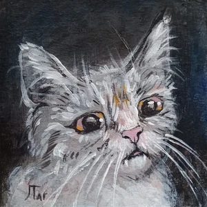 ACEO Acrylic Card Gray cat portrait tiny decor - Picture 1 of 5