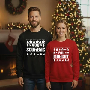 Couple's Funny Christmas Matching Sweatshirt Top - You Scumbag & You Maggot - Picture 1 of 13