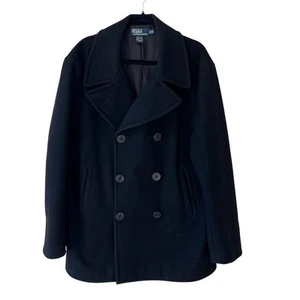 Vtg Polo by Ralph Lauren Black Nautical Pea Coat Wool Blend Sz XL - Picture 1 of 10