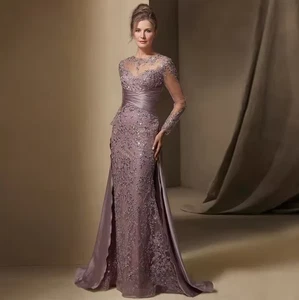 Elegant 2 In 1 Lace Evening Dress With Detachable Skirt Long Sleeves O-Neck - Picture 1 of 9