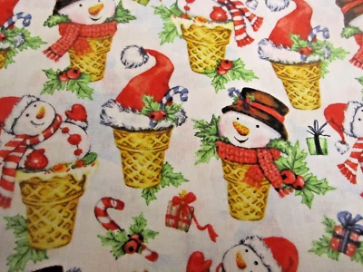 Christmas Cotton Fabric Springs Snowman In Ice Cream Con Red Gold  1yd 34" x 44 - Image 1 of 4