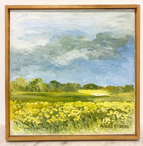 Pintura al óleo de paisaje sueca de prado de flores amarillas de Anita Erseus (b1929) - Imagen 1 de 5