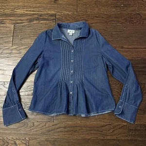 Coldwater Creek Button Up Top Women Large Blue Denim Cotton Boho Pintuck Chest - Picture 1 of 3