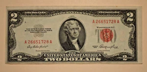1953 $2 Dollar Note - Priest/Humphrey - Red Seal - Off Center Cut - Picture 1 of 2