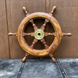 Nautical Wooden Ship Steering Wheel Pirate Decor Wood Brass Fishing Wall Boat - Picture 1 of 10