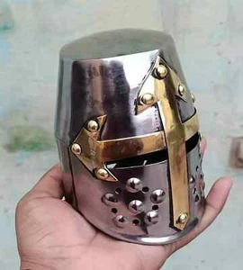 Medieval Mini Crusader Knight Helmet Steel Helmet Brass Cross Design Decor - Picture 1 of 4