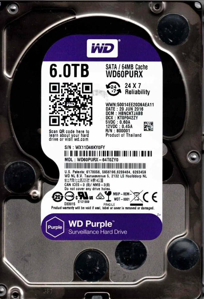 WD60PURX-64T0ZY0,  HBNCKTJABB,  WESTERN DIGITAL SATA 6TB WX11 JUN 2016 - Image 1 of 1