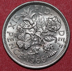 Great Britain 1966  6 Pence, Leek Rose Thistle and Shamrock-Foreign Coin  19.5mm - Picture 1 of 2