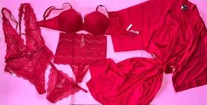 Victoria's Secret 34DDD,36DDD BRA SET+M TEDDY+ROBE KIMONO RED lace DREAM ANGELS - Picture 1 of 12