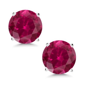 14K White Gold Red Created Ruby Stud Earrings For Women (2.00 Cttw, Round 6MM) - Picture 1 of 6