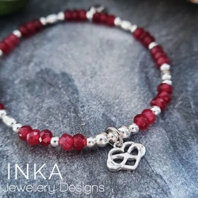 Inka 925 Sterling Silver 4mm Red bead Stacking Bracelet Infinity Heart charm - Image 1 of 4