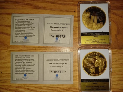 American Mint Lot of 2 Remembering 911 24K Gold Coins certif of authenticity Cover