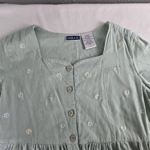 Erika &Co Full Button Up VTG Embroidered Maxi Green Dress L Cottagecore Prairie - Picture 1 of 8