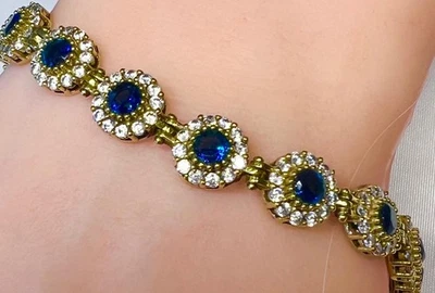 Настоящий сапфир 14K золото на 925 браслет подлинный белый синий сапфир твердый ореол - Изображение 1 из 4