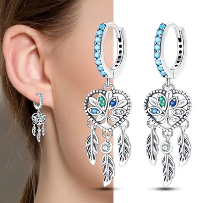 PANDACH Dream Catcher Dangle Earrings Sterling Silver Women Drop Feather Bohemia - Image 1 of 4