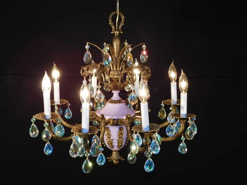 ANTIQUE 8 Arm French Lavender Aurora Borealis AB Empire Brass Crystal Chandelier Cover