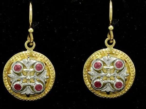 E077- Genuine 9ct Solid Two-Tone Gold Natural Ruby Fleur-de-Lis Earrings Drop - Picture 1 of 2