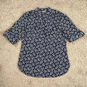 SAINT TROPEZ WEST Navy Blue White Floral 3/4 Roll-Tab Sleeve V-Neck Blouse M - Picture 1 of 19