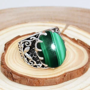 Malachite Oval Cut 925 Sterling Silver Turkish Style Men's Ring Jewelry - Picture 1 of 3