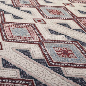 Quality Chenille Cream Wine Blue Colour Kilim Aztec Geometric Upholstery Fabric - Picture 1 of 6