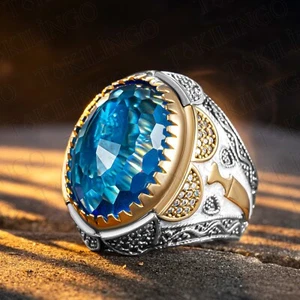 Anillo para hombre de plata esterlina 925 maciza diseño de espada de aguamarina esmalte blanco - Imagen 1 de 4