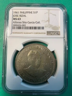 PHILIPPINES 1861 1961 ONE PISO JOSE RIZAL CENTENNIAL NGC MS 63 - Image 1 of 4